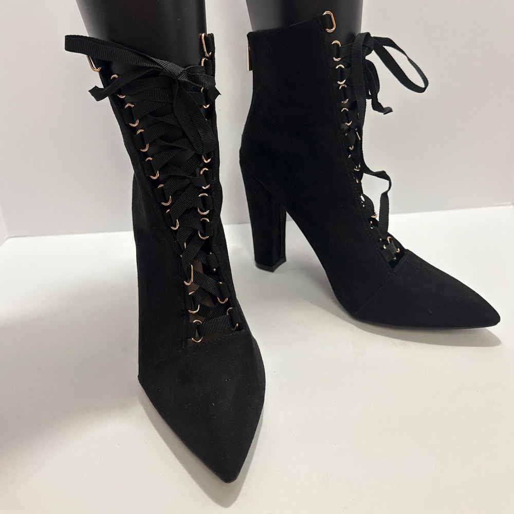 Women 10 Black Suede Ribbon Lace-Up Pointy Toe Heel Boots Whimsigoth Whitchy Y2K
